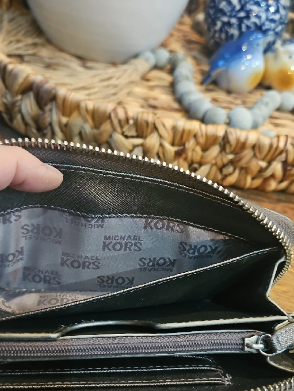 Michael Kors Metallic Bronze Logo Wristlet Wallet with Cream Strap‎